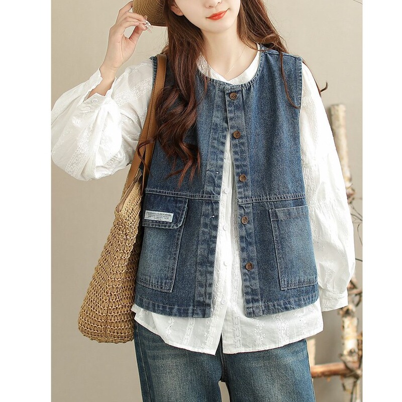 Spring and Autumn New Stylish Fashionable Women's Trendy Workwear Design Denim Vest Jacket Women