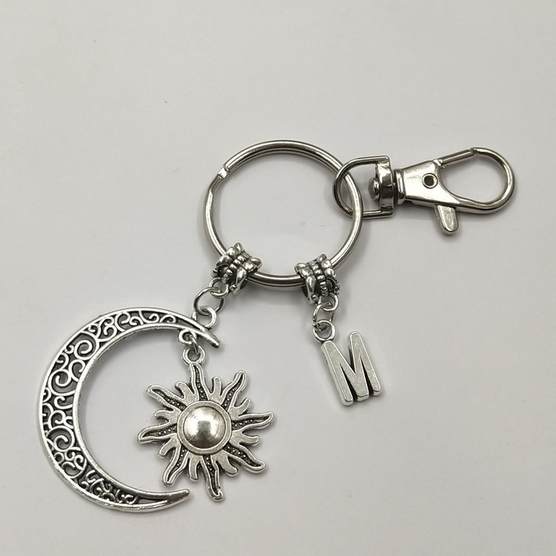 Celestial Initial Key Ring, Sun Moon Charm Keychain, Fine Letter Accessories Charm Keychain