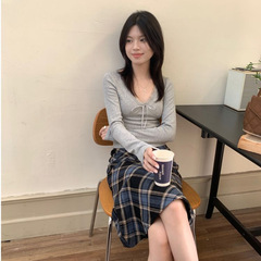 甜辣妹蝴蝶结蕾丝长袖T恤女早秋季小个子上衣系带修身内搭打底衫
