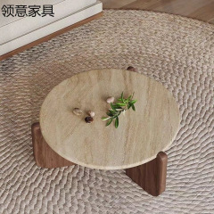 侘寂风实木洞石茶几极简小茶台小户型客厅家用圆形阳台大理石矮桌