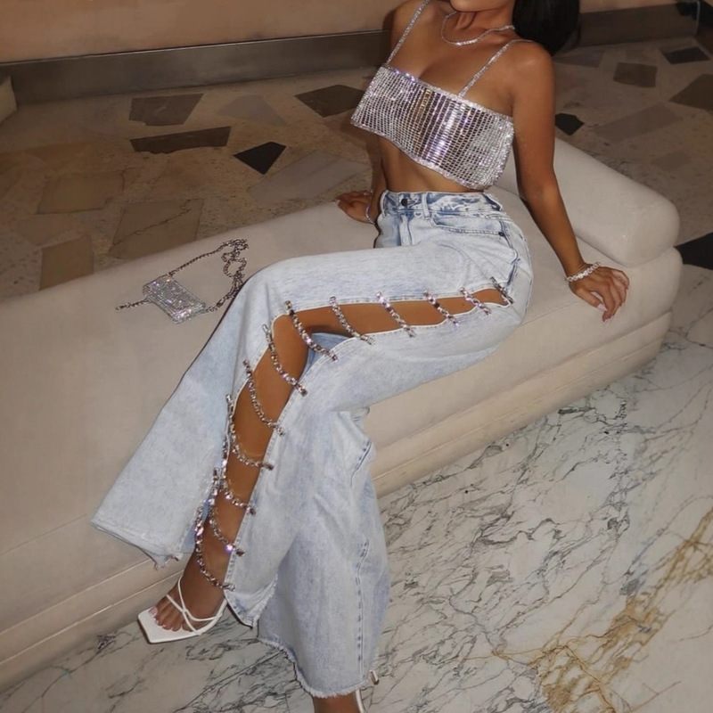 Cross-Border Hot Girl Jeans for Women, Loose Mid-Waist Wide-Leg Pants with Diamond Patchwork, Side Cut-Out Floor-Length Pants, Sexy European and American Style