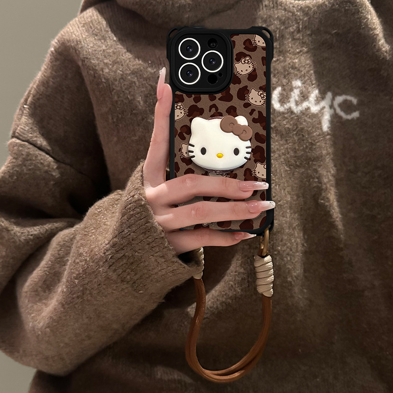豹纹kt猫支架适用苹果15手机壳iphone16软硅胶14promax四角挂绳13|undefined