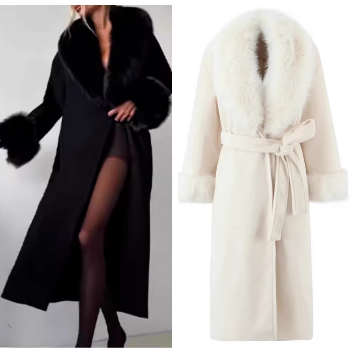 Winter French-Style High-End Socialite Elegant Belted Fur Collar Long Wool Coat Trendy