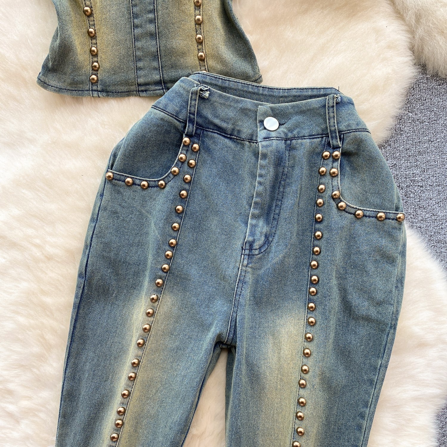 Women's Slimming Beaded Denim Suit Sexy Strapless Top High Waist Slightly Flared Length Retro American Two-Piece Outfit_ecoleips.com