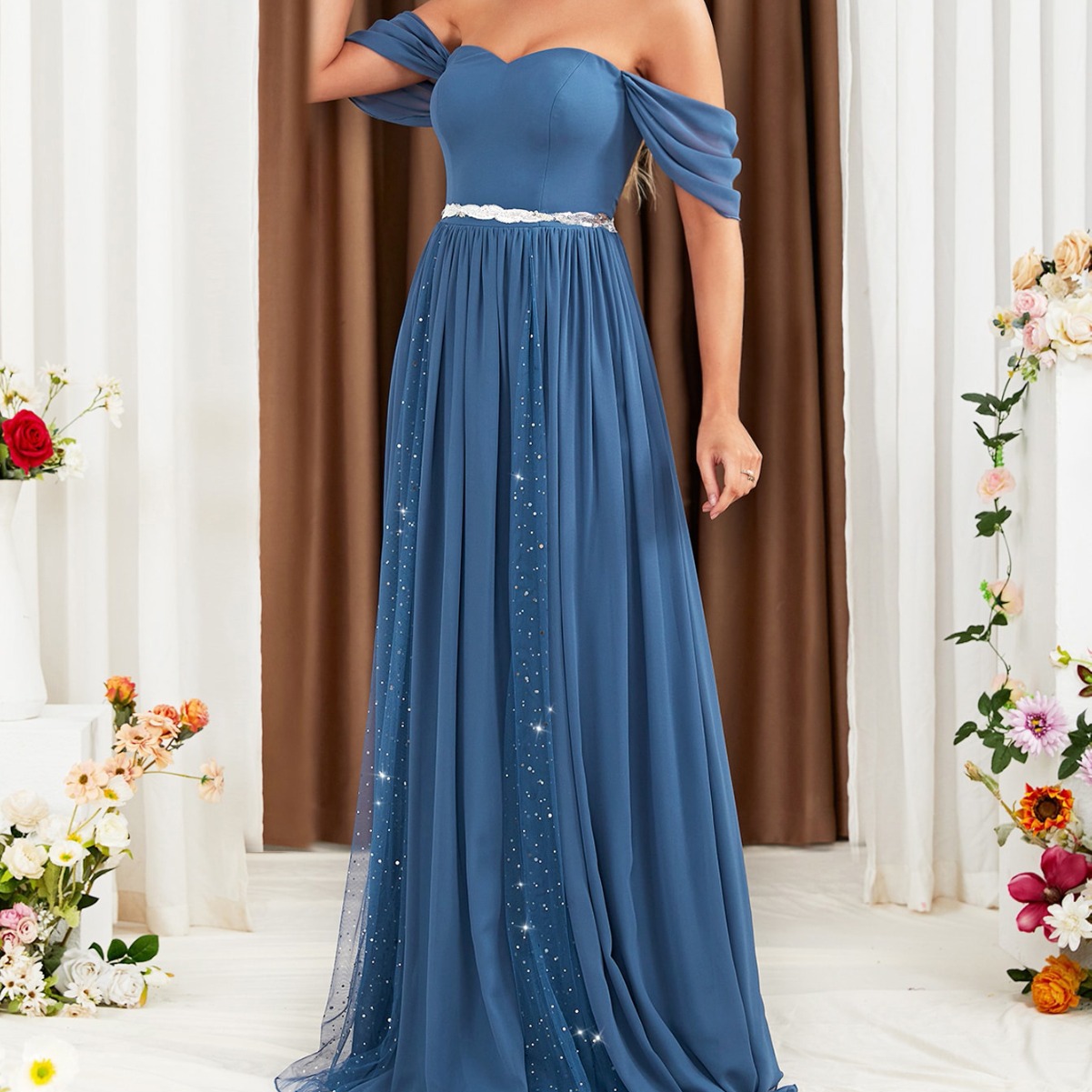 Vestido de noche de un solo hombro, nuevo estilo, con lentejuelas, cinta de gasa, elegante, sin espalda, falda larga, eBay