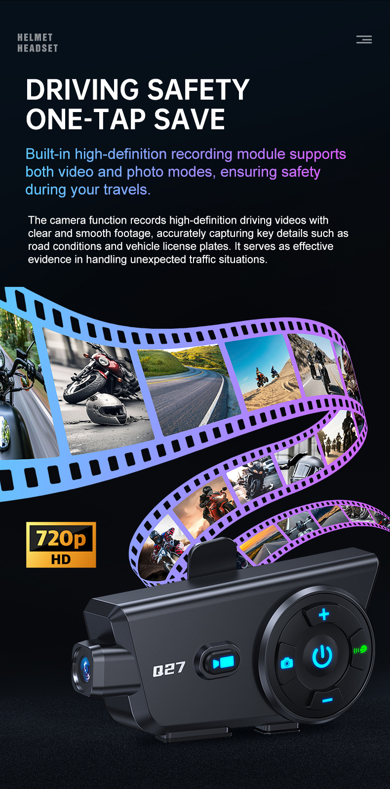 Q27 Driving Recorder Helmet Bluetooth Headset Intercom Waterproof High-Definition Shooting Integrated Motorcycle Helmet Headset