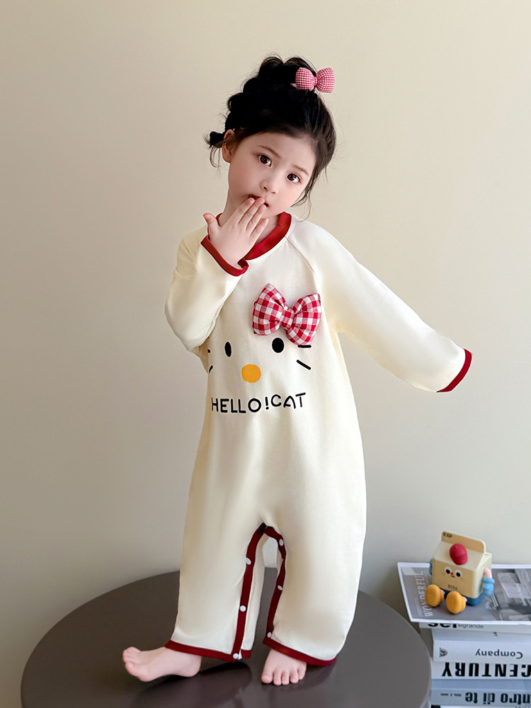 Pijamas de niñas primavera y otoño 2025 nuevo estilo extranjero para niñas bebé manga larga bolsa de dormir de dibujos animados para niños camiseta