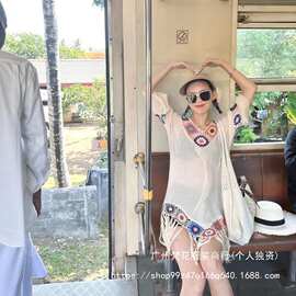 欧美跨境波西米亚风手钩拼接镂空流苏比基尼罩衫沙滩度假防晒衫