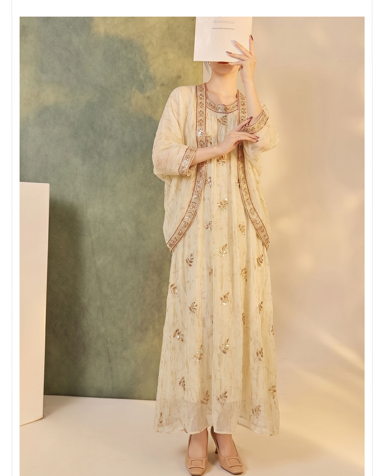 Bộ cardigan thêu đính cườm và đầm phong cách nữ tính — bộ đồ, Trang phục, Áo khoác chi tiết 9