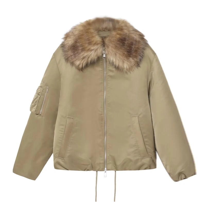 European and American Fashion Faux Fur Lapel Bomber Jacket, New Autumn and Winter Style, Detachable Fur Collar, Thickened Cotton Coat