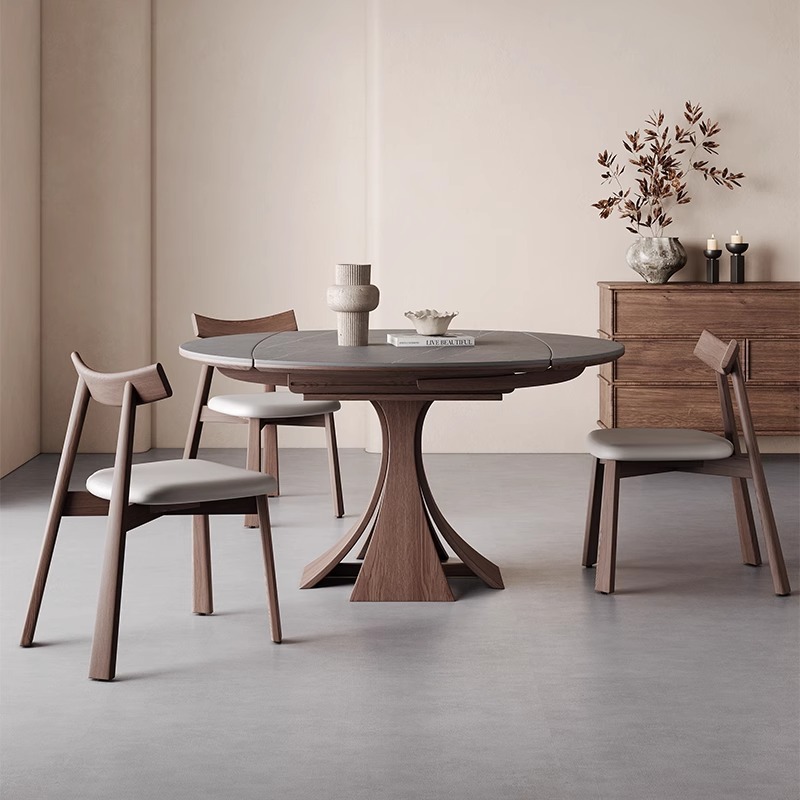 Silla de mesa de comedor plegable de madera maciza de estilo antiguo 2024 nueva celebridad de Internet familia apartamento pequeño tablero de roca retráctil mesa redonda variable