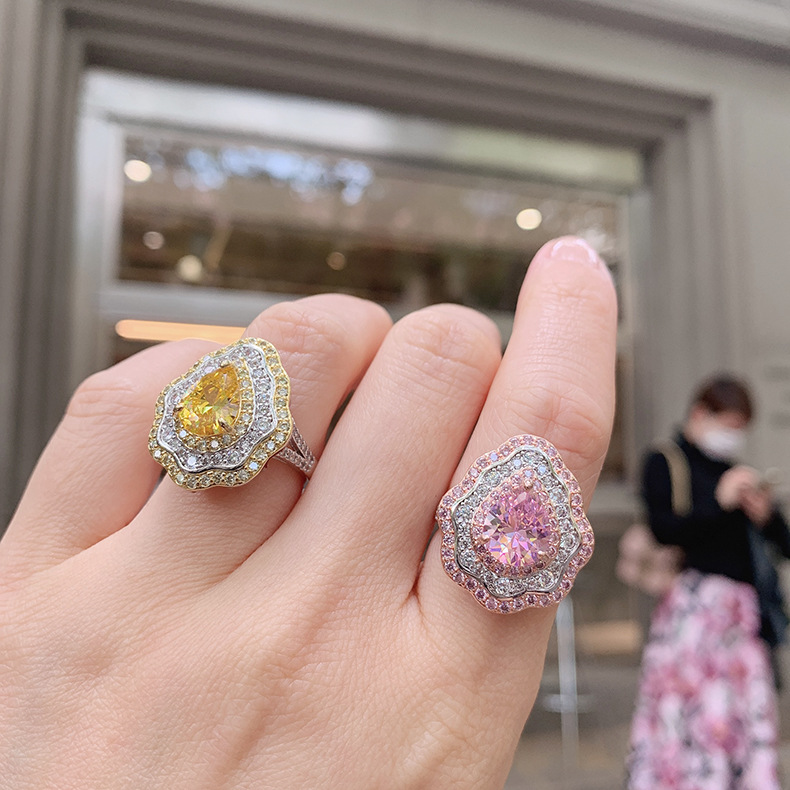 New Pink Diamond with Micro Setting Pear shaped Ring, Colorful Jewelry, Exaggerated Zircon Ring for Women_voghion.com