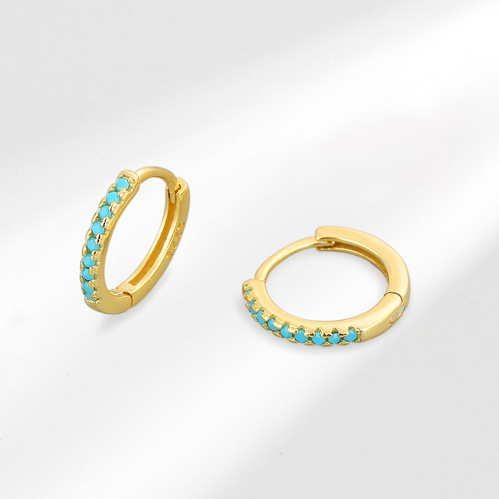 European and American Personalized Fashion Cold Style Micro-Paved Blue Turquoise Zircon Gold-Plated Earrings Circle Earrings Hip-Hop Earrings for Women