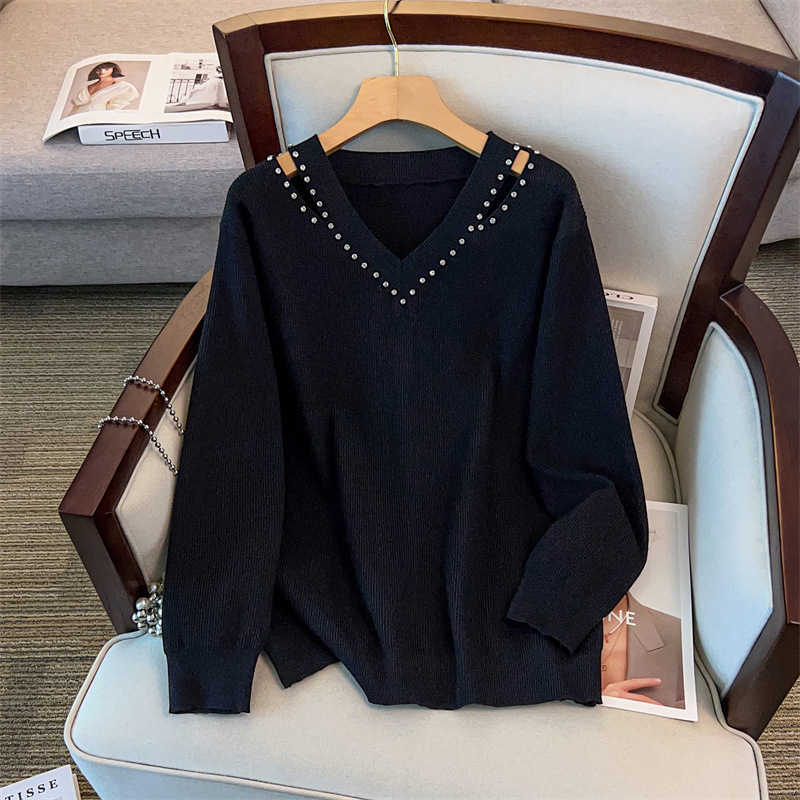 V-neck new plus-size slimming loose mid-length long-sleeve knitted sweater for 200/300/350 pounds 8097