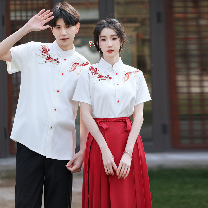 Real photos of new Chinese-style couple outfits, featuring Chinese-style embroidered tops, suitable for student performances, recitations, and red song competitions