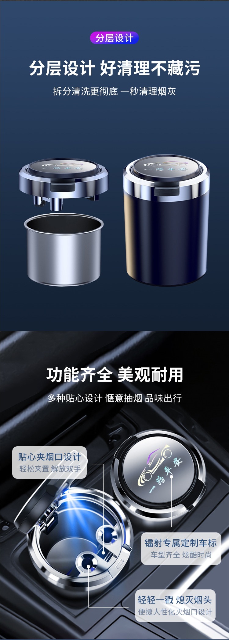 Car-mounted ashtray, anti-ash scattering, high-end feel, in-car ashtray with automatic lid opening, black technology car accessory