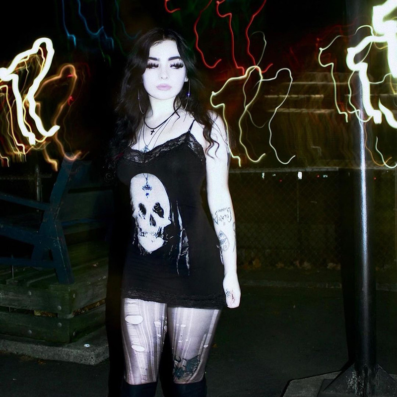 Summer Sexy Short Dress Dark Personalized Skull Printed Suspender Dress for Women
