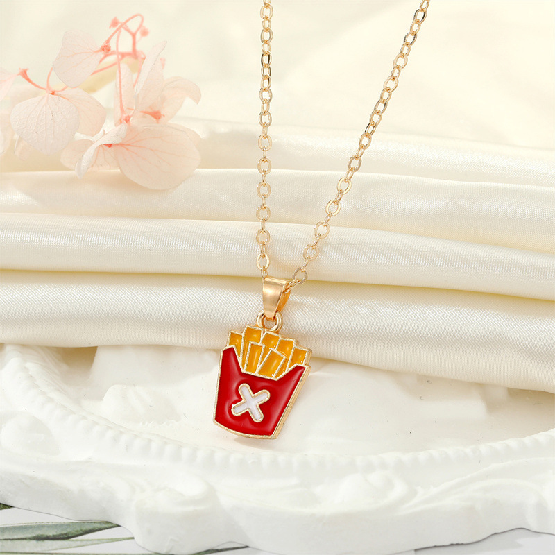 Korean Creative Personality Alloy Dripping Oil French Fries Pizza Food Pendant Necklace display picture 4