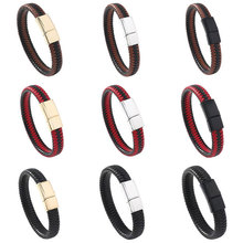 跨境新款欧美男士磁扣手链复古编织皮绳扣手镯棕色磁吸手绳手链