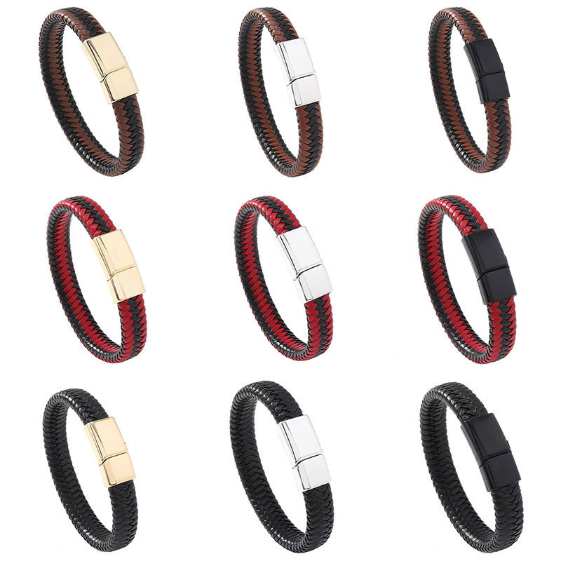 跨境新款欧美男士磁扣手链复古编织皮绳扣手镯棕色磁吸手绳手链