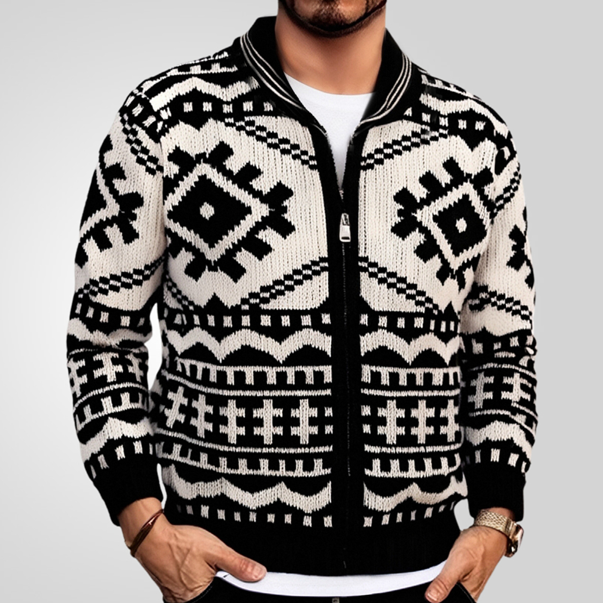 Men's autumn winter men's jacquard knitted with lapel collar and long sleeved jacket sweater SY0020_voghion.com