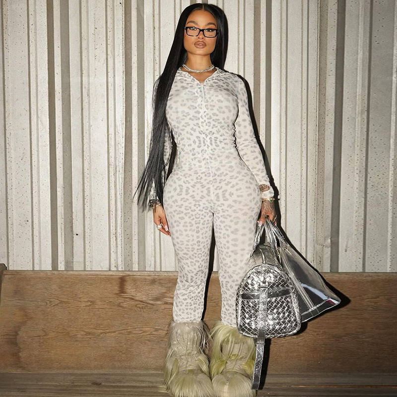 Cross-Border European and American Style 2025 Autumn and Winter New Women's Long-Sleeved Leopard Print Flared Pants Zipper Cardigan Slim Jumpsuit