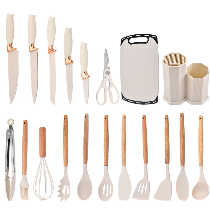 Nuevos productos 19 piezas de fábrica de cocina de silicona venta directa placa adhesiva octogonal doble mango de madera 19 piezas de conjunto de herramientas de corte