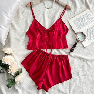European and American-style Cross-border New Silk Underwear Sexy Home Clothes Ice Silk Pajamas Women's Sling Belly Breeze Shorts suit