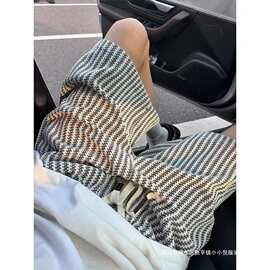美式格子刺绣五分过膝短裤男女夏季宽松透气速干薄款抽绳沙滩裤子