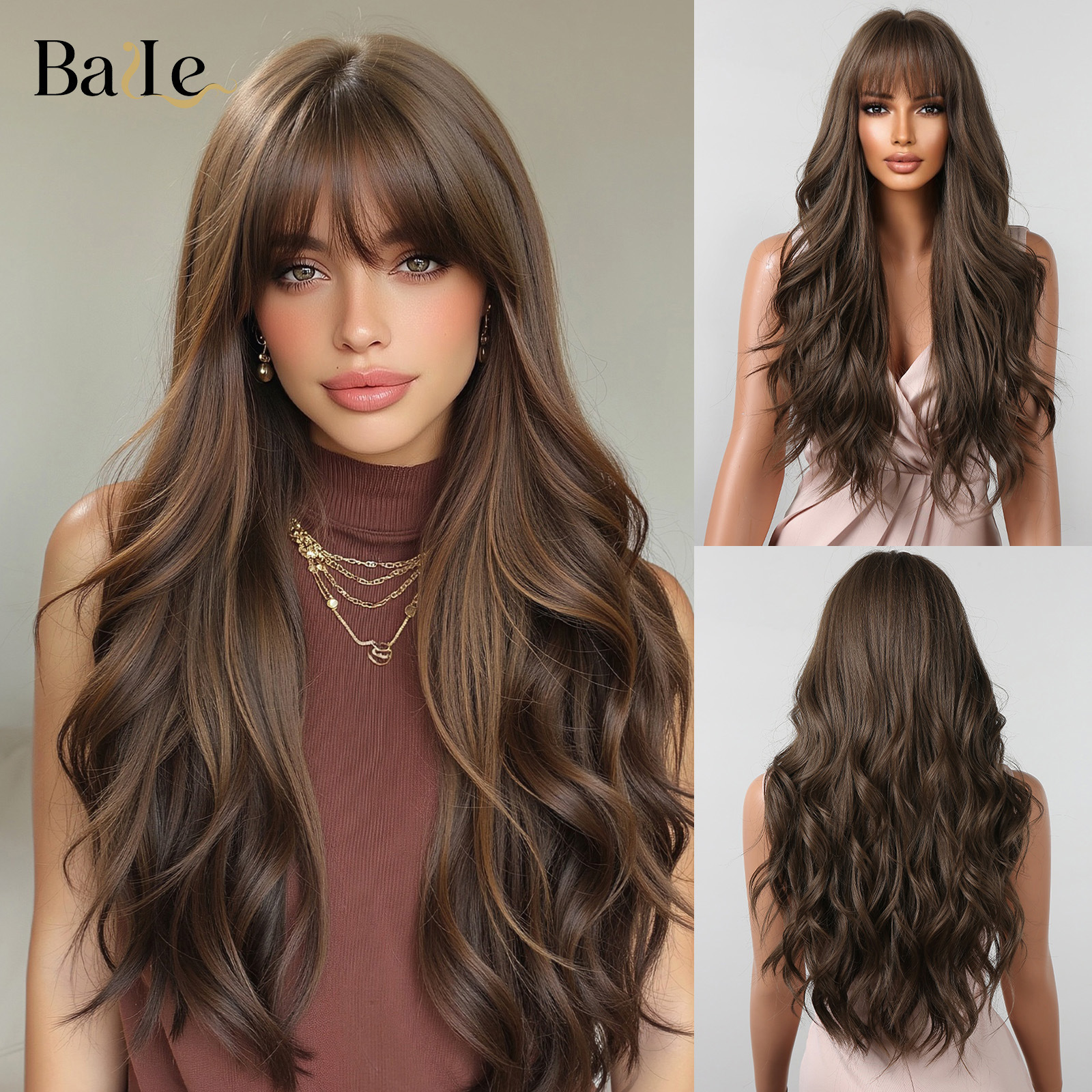 Marrón oscuro Qi Liuhai ondulado cabello largo ondulado seda de alta temperatura simulación cabello de alta temperatura estilo explosivo transfronterizo wigs