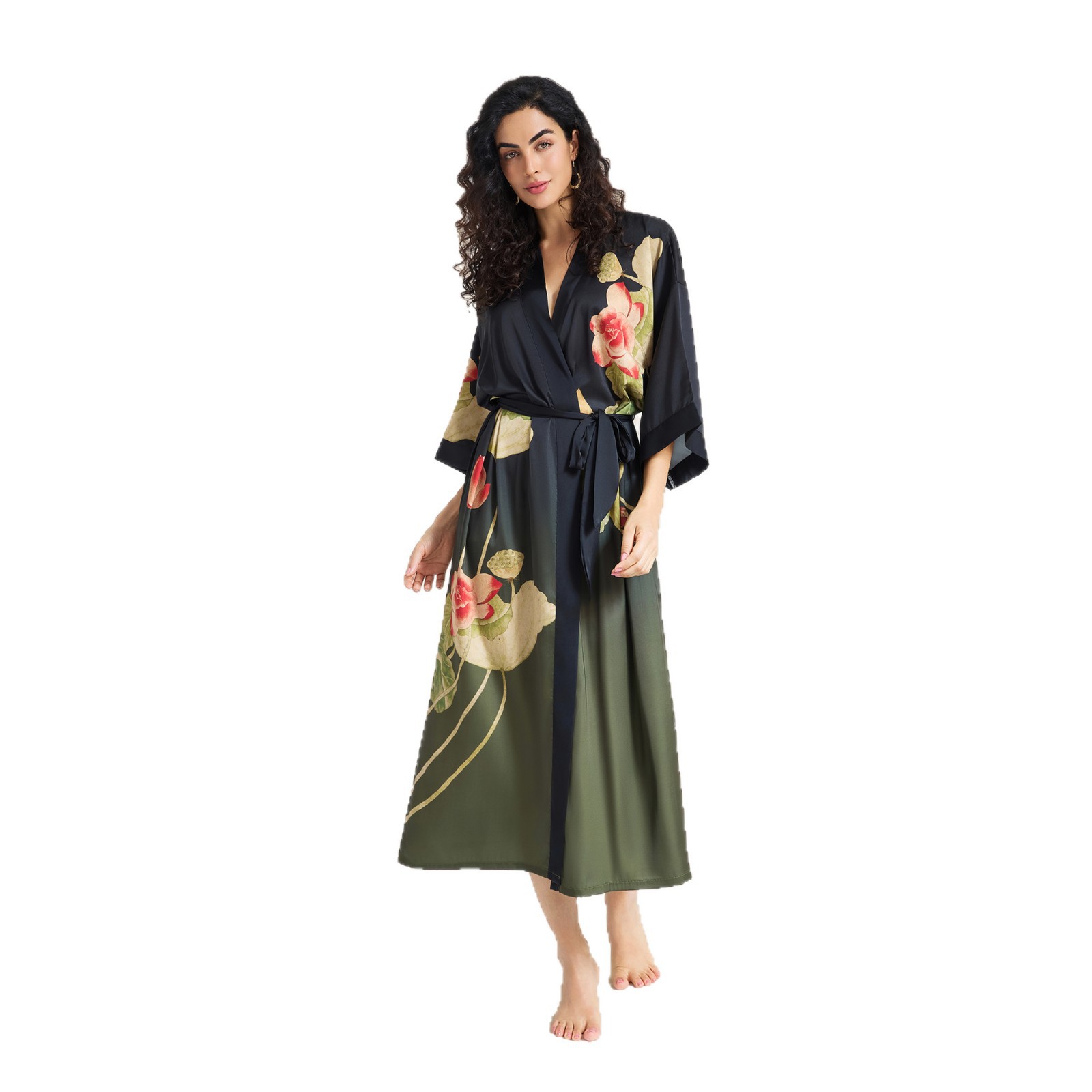 Pijamas de satén estampado Yaoting para mujer, talla grande de otoño, lujo ligero, mangas tres cuartos, camisón largo fresco, ropa de estar para mujer 2669