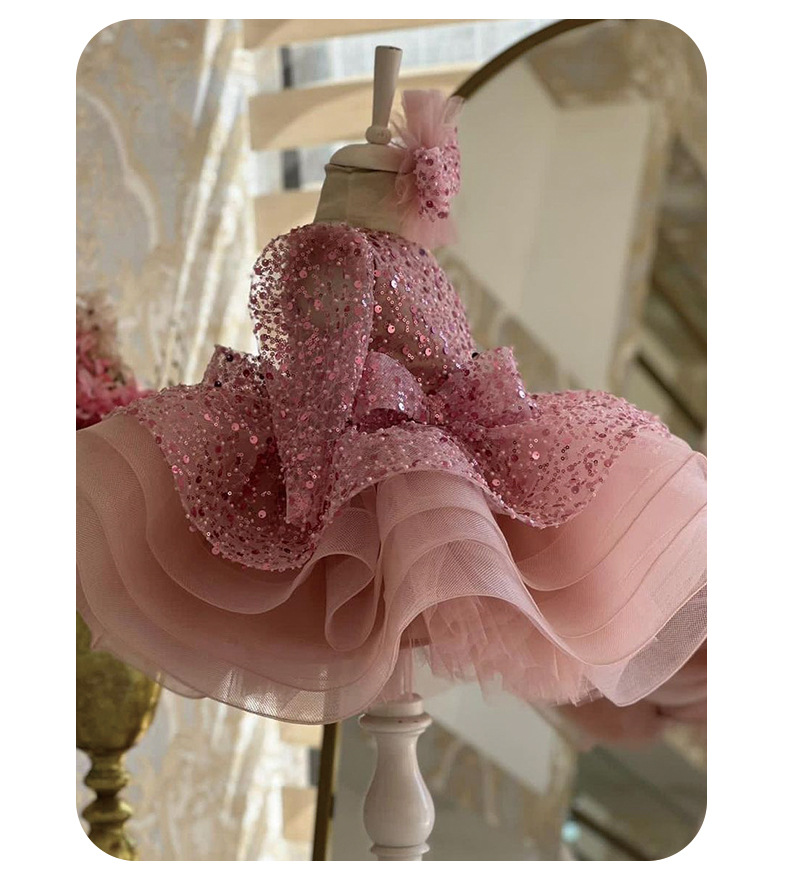 Girls' Pageant Dress - Pink Sequin Short Princess Tulle Puff Skirt Kids' Catwalk Host Performance Outfit_voghion.com