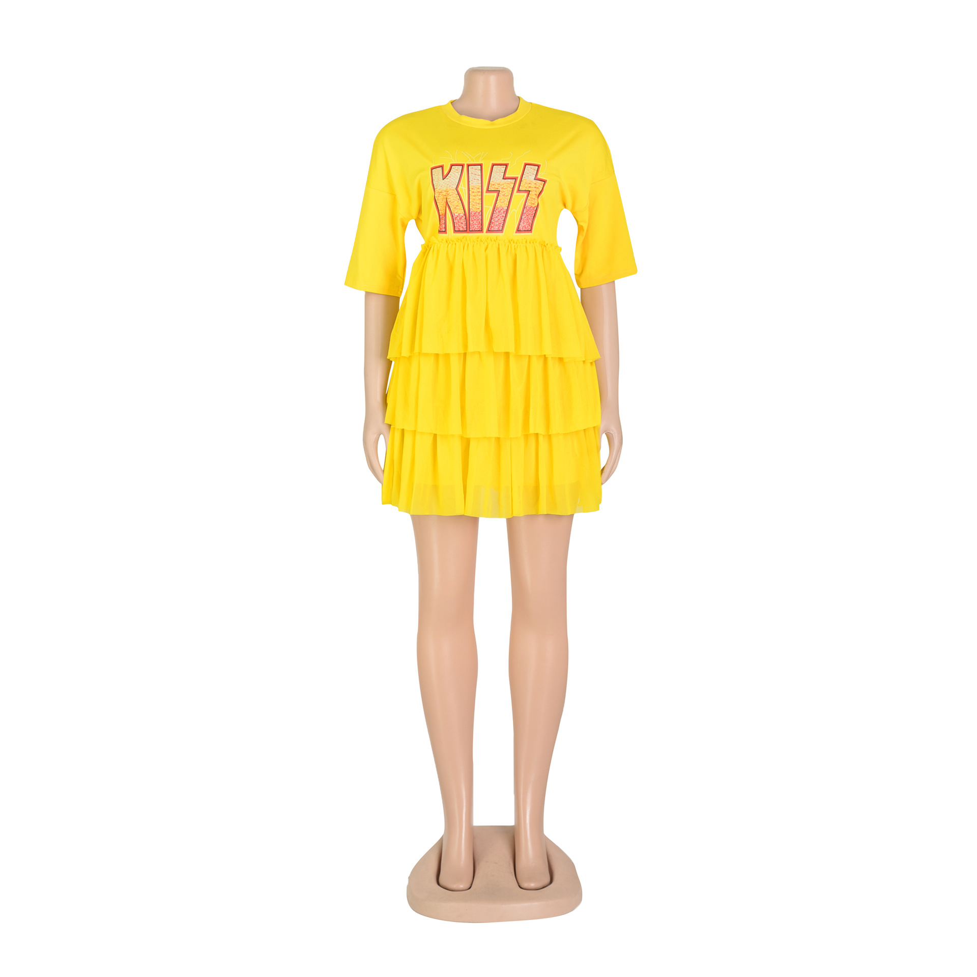 Women Clothing Printed Tiered Dress Mesh Dress T shirt Dress Summer