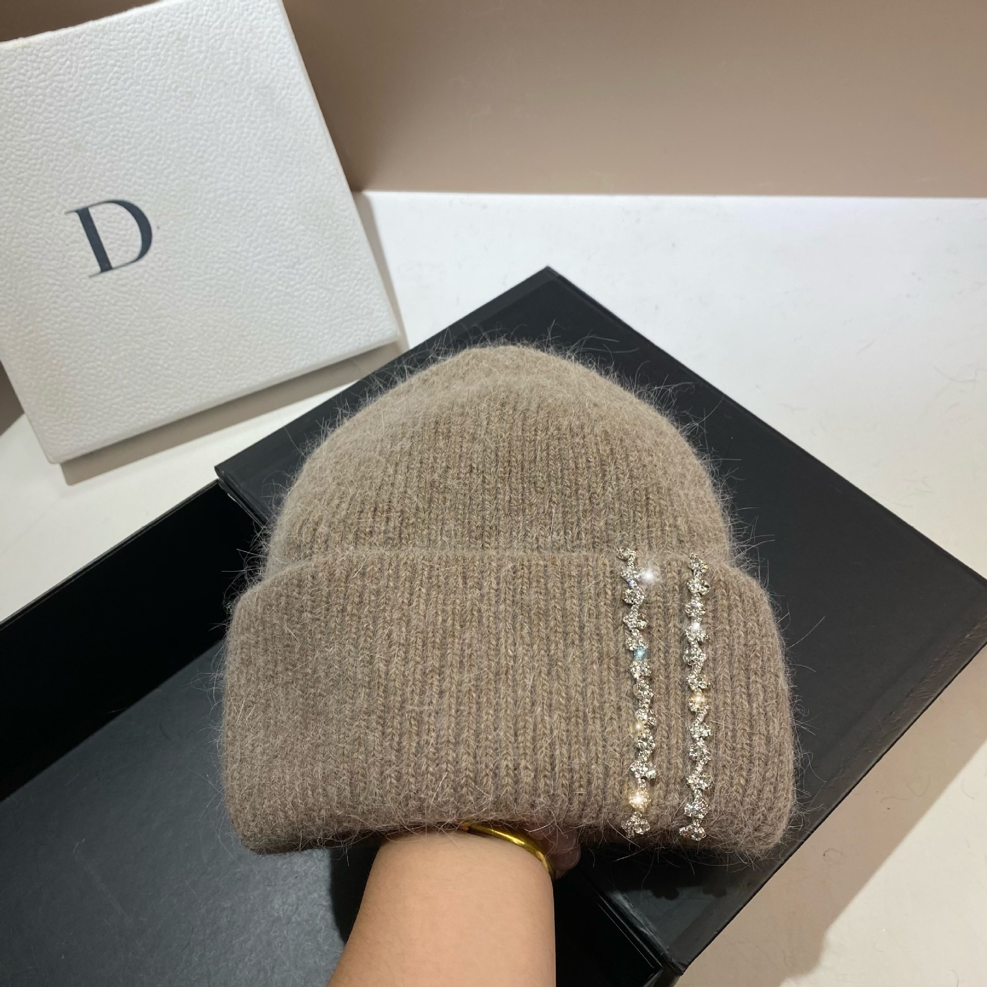 Winter-Thermomütze für den Außenbereich, langes Kaninchenhaar, doppelt gefaltete Strickmütze, Mode-Promi-Feng-Shui-Diamant-Wollmütze_voghion.com
