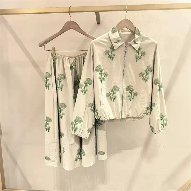 French-Style Niche 26 Spring-Summer New Fashion Floral Beaded Loose Lapel Jacket and Mid-Length Umbrella Skirt Set