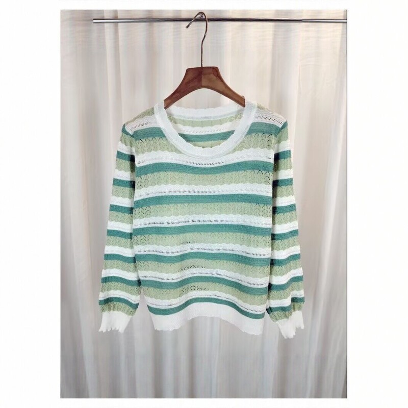 2026 new round-neck striped hollow-out knit sweater for women, spring/autumn thin ice silk slimming versatile long-sleeve top, trendy 2026 new round-neck striped hollow-out knit sweater for women, spring/autumn thin ice silk slimming versatile long-sleeve top, trendy