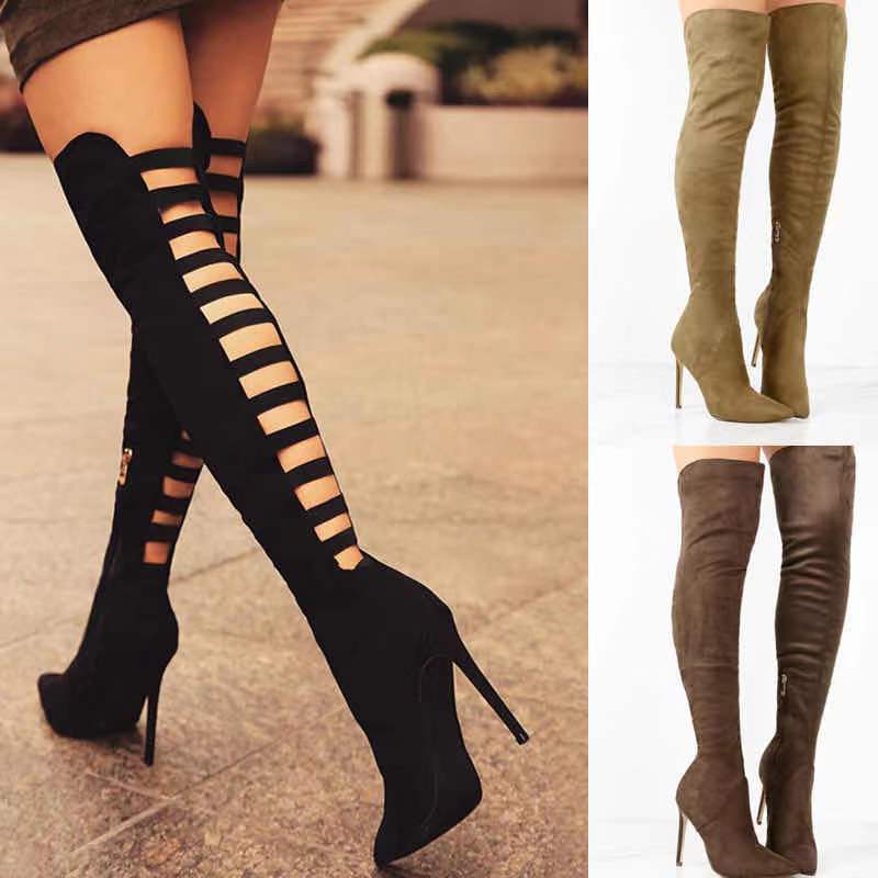 2021 European and American Style Fine-Heeled Suede Women's Over-The-Knee Boots Chelsea Boots Artificial Short Plush Adhesive Shoes