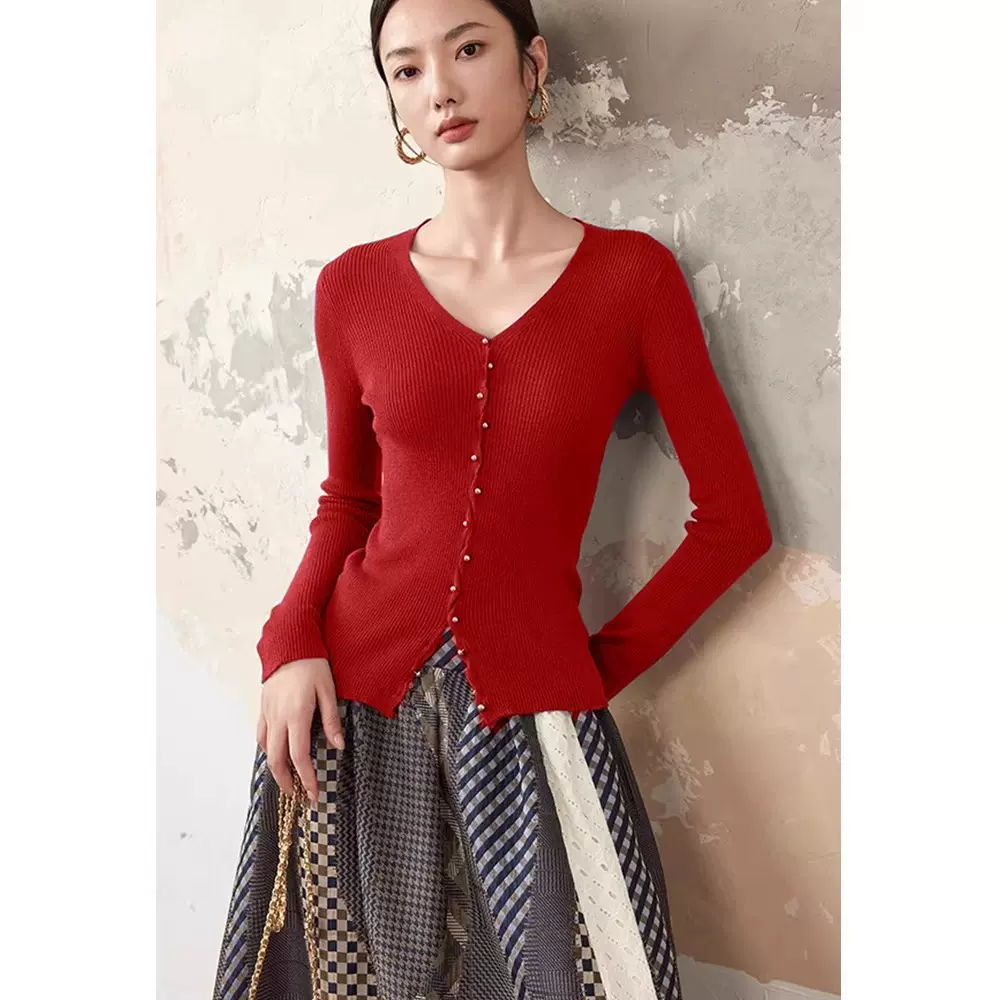 四媛 轻薄高弹扭结装饰V领6羊毛针织衫2026新款修身显瘦上衣1213