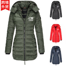 可加印logo印花欧码跨境冬季女士棉衣服袄中长款修身保暖纯色连帽