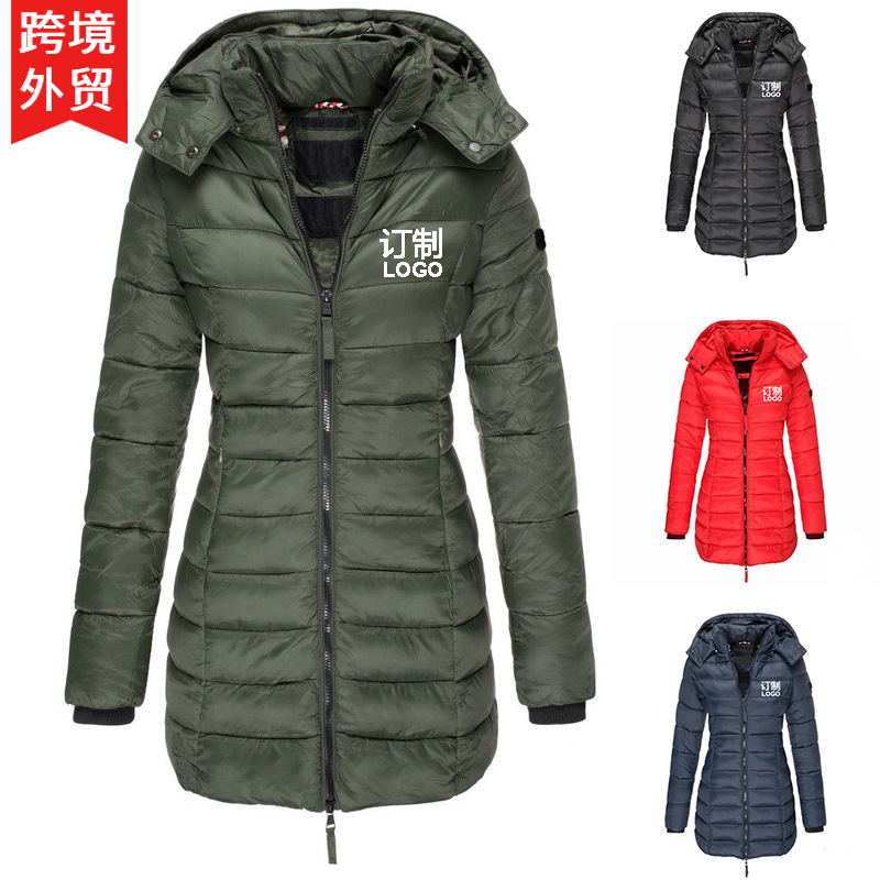 可加印logo印花欧码跨境冬季女士棉衣服袄中长款修身保暖纯色连帽