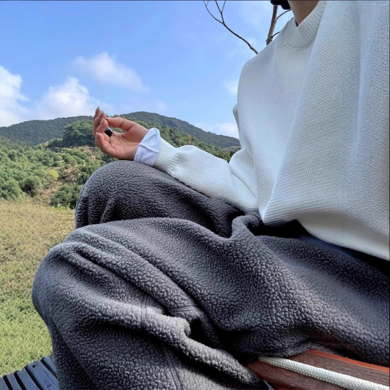 灰色慵懒风摇粒绒阔腿休闲裤女秋冬季高腰抽绳加绒加厚束脚长裤子