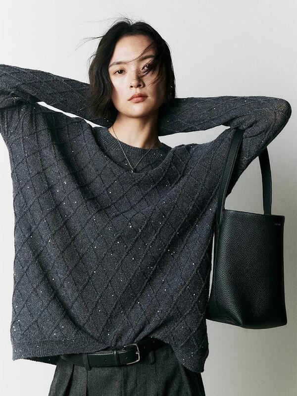 30 Wool 70 Wool Bead Loose Crewneck Knit Women's Thin Lazy Style Sequin Maillard Pullover T-Shirt