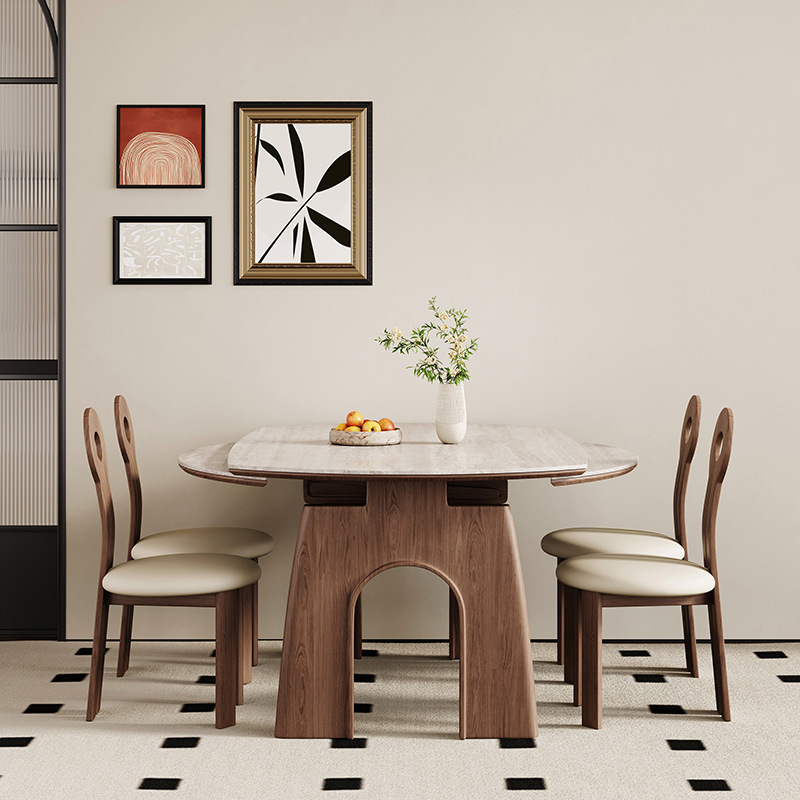 Middle Ancient Style Folding Solid Wood Dining Table and Chair Rock Plate 2025 New American French Style Telescopic Square Variable Round Table Small Apartment