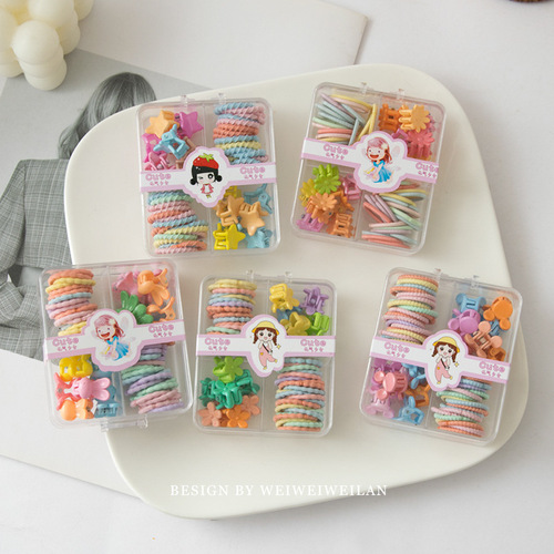 New boxed children's finger ring and small gripper combination, simple and versatile, candy-colored, daily basis, not harmful to hair