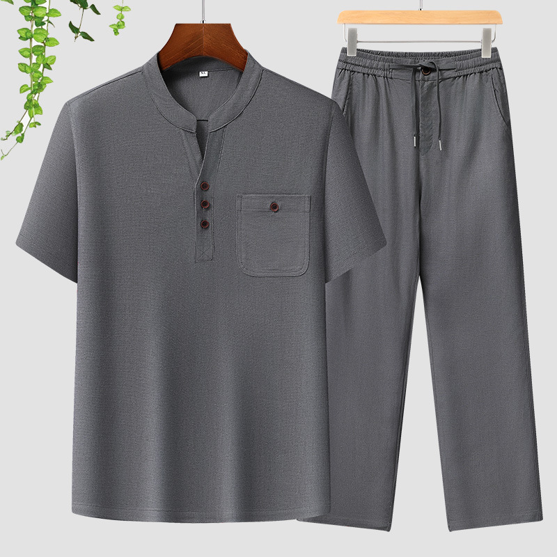 Marca de hombre algodón y lino conjunto de verano nuevo estilo frío lino de manga corta hombre ocio de mediana edad con pantalones rectos