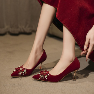 777-55/577-55 Spring Red High Heels Women's Thin Heel Pointed Head Beautiful Wedding Shoes Bridal Shoes Flowers
