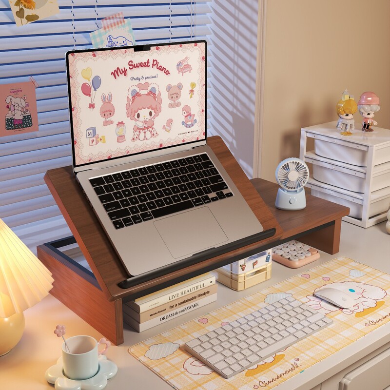 Laptop Stand Adjustable Height Computer Stand Storage Rack Bracket Office Essential Wooden Desk Accessory