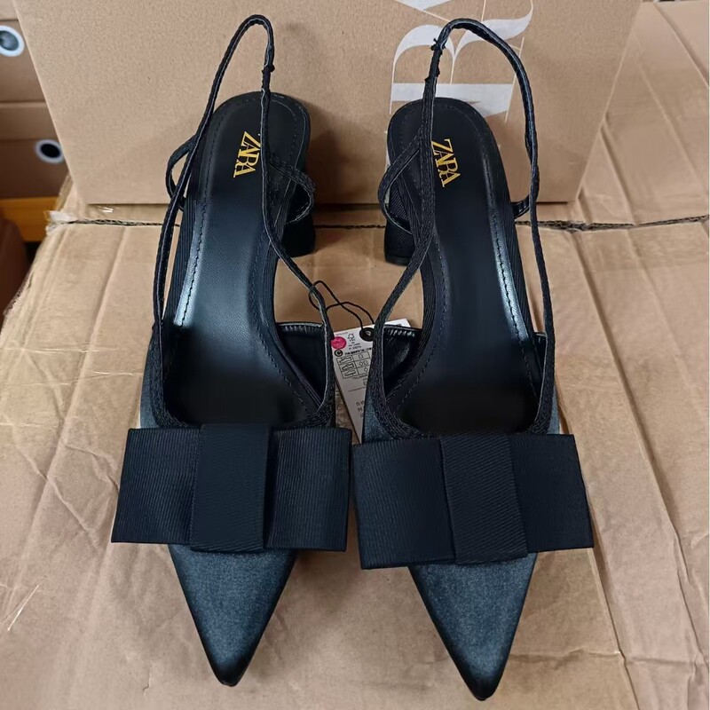 Za Spain 2025 Autumn New Women's Shoes Bowknot Accessories Fashion Hollow Chunky Heel Pointed Toe Sandals for Women