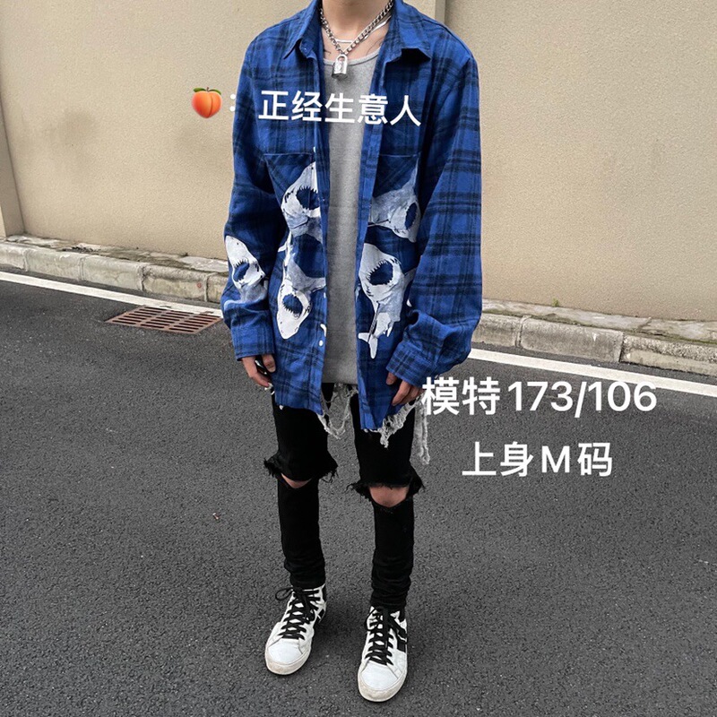 The businessman's own blue shark shirt correct version of the youth trend couple's same shirt high street plaid