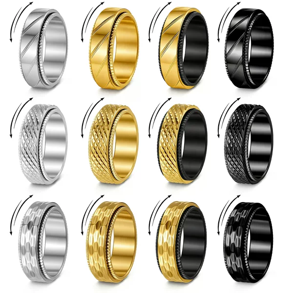 Cross-Border Hot-Selling Personalized Fashion Stainless Steel Jewelry Punk Style 8mm Floral Mesh Pattern Rotatable Vacuum-Plated Ring
